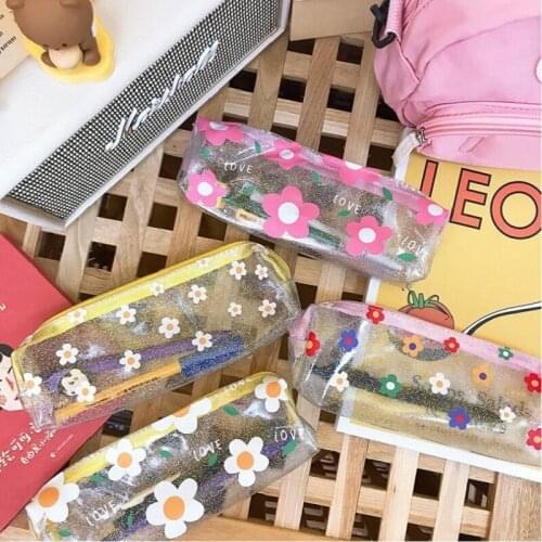1Pcs Kawaii Pencil Case Transparent Daisy Gift Estuches School Pencil Box Pencil Bag School Supplies Stationery