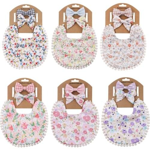 10 Sets/Lot, Baby Toddlers Tassel Saliva Towel And Fabric Bow Headband Set, Double Side Cotton Linen Burp Cloths Saliva Towel