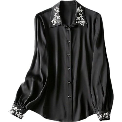 Satin Blouse Women 2021 Spring Summer 100% Silk Embroidered Turn Down Collar Long Sleeve Single Breasted Black / Blue Shirts