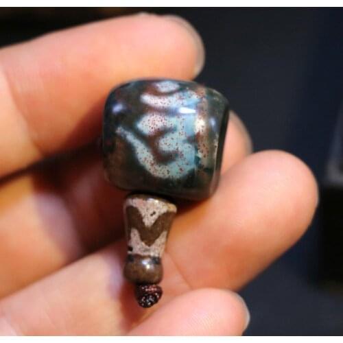 Big Treasure Talisman Tibetan old Agate Cinnabar Dots OM Words 2 Parts 3 Hole Live Head Dzi bead Timestown