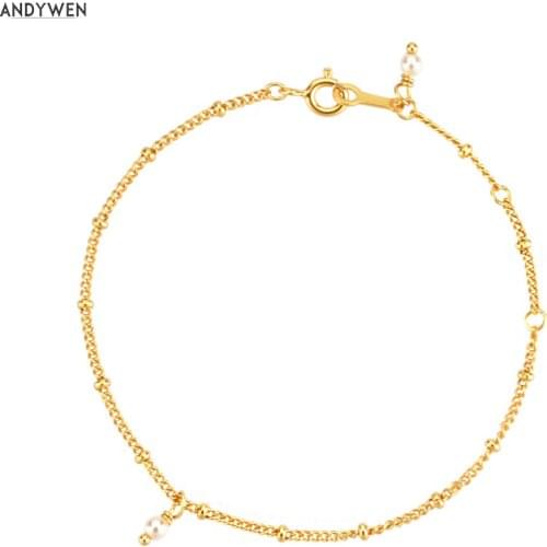 ANDYWEN 2020 925 Sterling Silver Gold Pearl Charm Chain Bracelet 2020 Rock Punk Fashion Fine Jewelry For Crystal Luxury Jewels