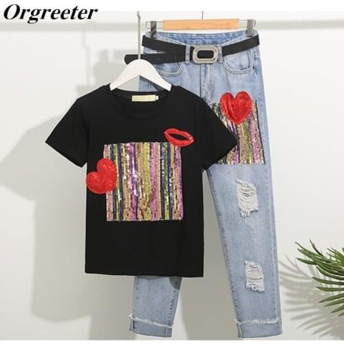 Women Casual Sequins T Shirts Pants Suits Sequined Heart Woman Loose Tshirt Frayed hole Ankle-Length Denim Trousers Sets