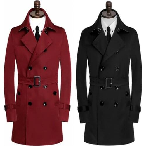 Mens trench coats wine red black spring autumn double breasted long coat men clothes casual slim fit overcoat long sleeve 9XL
