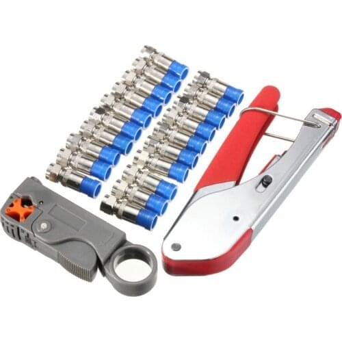 Compression Tool Kit Rg59 Rg6 Coax Crimping Tool Double Blades Coaxial Cable Stripper with 20Pcs Blue F Connectors