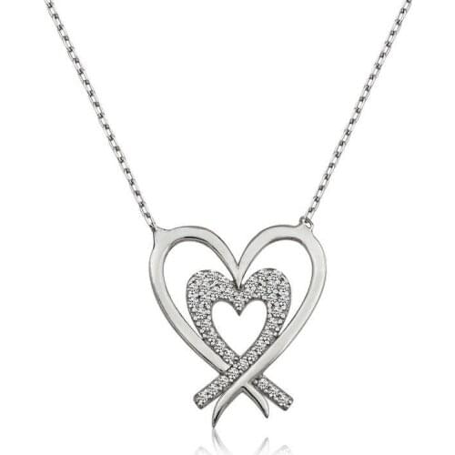 Real Silver 925 Jewelry Sterling Silver Two Heart Woman Necklace
