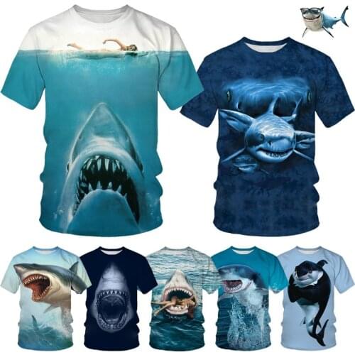 New Blue Shark 3D Printing Mens Short-sleeved T-shirt Personality Casual Great White Shark Round Neck T-shirt