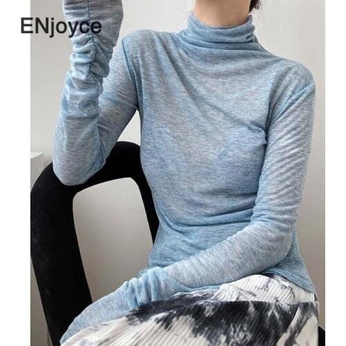 Autumn Women Turtleneck High Collar Slim T-shirt Solid Long Sleeve Tee shirts Korean Style Fashion Clothing Tops