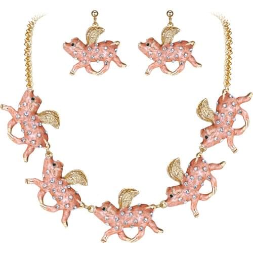 Tuliper Pig Animal Jewelry Set For Women Zodiac Crystal Enamel Necklace Earrings Party Jewelry Gift