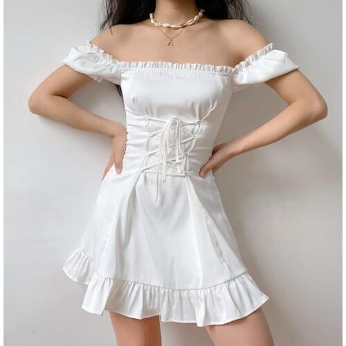 Vintage Elegant White Summer Dresses Light Mini Sexy Dress Women Casual Puff Sleeve Square Collar Bow Bodycon Bandage Party Robe