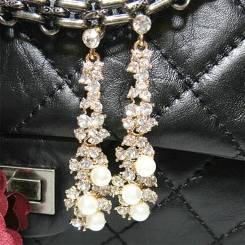 Luxury Elegant Female Pearl Rhinestone Dangle Chandelier Drop Earrings Jewelry Tassel Long Dangle Crystal Earrings Accessories