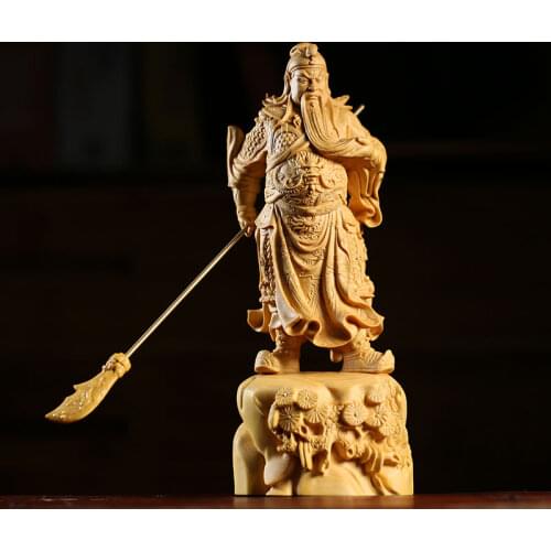 19CM Guan Gong Sculptures Chinese Door God Auspicious Statue Guan Yu wood Carving Home Wood Decoration Carvings Buddhas Figurine