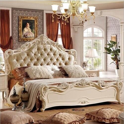 Modern european solid wood bed Fashion Carved fabric french bedroom furniture pfy10180