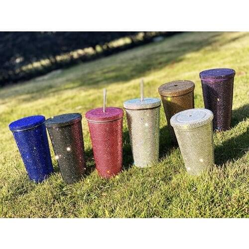 Diamond-encrusted vacuum flask, double-layer straw cup, diamond drink cup, drinking cup, gift cup full of diamond coffee cup