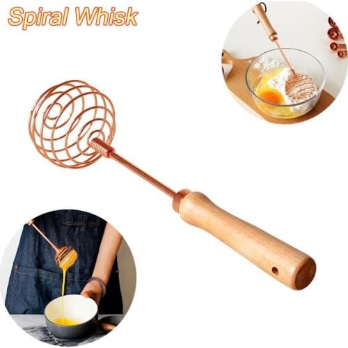 Rose Gold Whisk Stainless Steel Ball Spring Whisk Wooden Handle Spiral Whisk Hand-held Butter Egg Mixer Kitchen Baking Tools