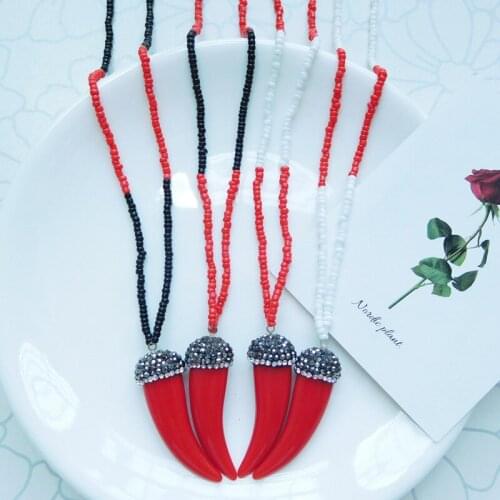 Vintage Black Crystal Red Resin Ivory Gem Pendant Long Necklace Women Collar Jewelry Beads Chain Bohemian Necklace Trend Collier