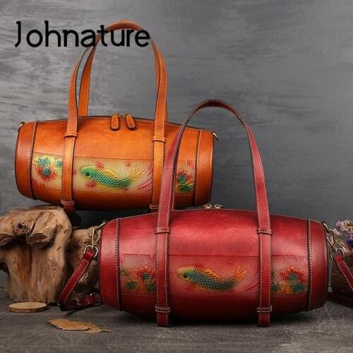 Johnature Retro Genuine Leather Women Bag 2021 New Carp Embossing Luxury Handbag Nature Cowhide Versatile Shoulder Bags