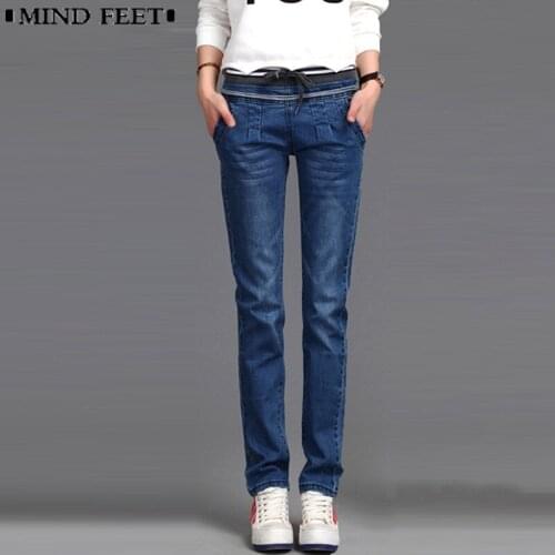 MIND FEET Jeans For Women Stretch Waist Haren Denim Long Pants Female Blue Casual Trousers Comfortable Spring Autumn Lady