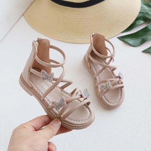 2021 Summer New Rear Zipper Girls Sandals Rhinestone Butterfly Soft Sole Roman Shoes Simple Western Princess Shoes Flats Chic