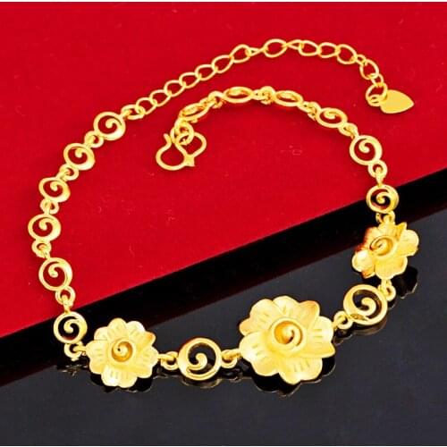 Yellow Gold Bracelet For Women Sand Gold Peony Flower Bracelets Charm Chain for Wedding Engagement Fine Jewelry pulseras mujer