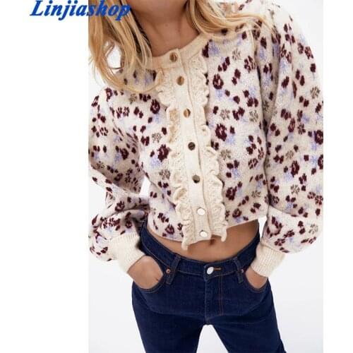 New Women Fashion O Neck Lantern Sleeve Leopard Print Casual Short Knitting Sweater Femme Chic Ruffles Cardigan Tops