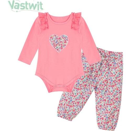 Baby Girl Spring Clothes Long Sleeve Ruffles Heart Romper Top And Flower Print Pants Toddler Girl Outfits 2Pcs Set 2021 Hot Sale