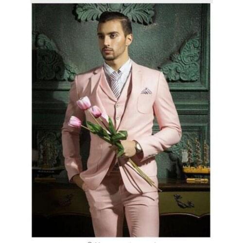 2021 Pink Classic Men Suit 3 Pieces Tuxedo Notch Lapel Groomsmen Wedding Suits Set Fashion Men Business Blazer Jacket+Pants+Vest