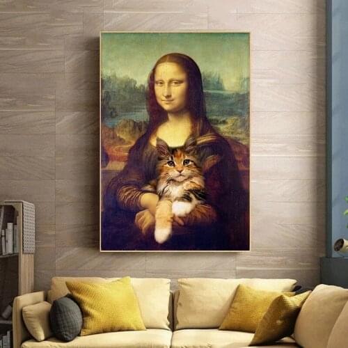 Diamond Painting DIY Cross Stitch Kits Funny Art Mona Lisa Holding A Cat 5D Diamond Embroidery Full Drill Mosaic Painting Decor