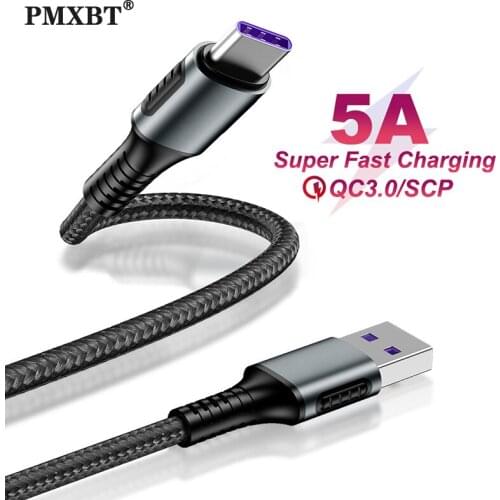 Car USB C Cable 5A Supercharge Charging For Huawei P40 P30 Samsung S20 S10 Mobile Phone Type C Data Cable 1M QC3.0 Charger USBC