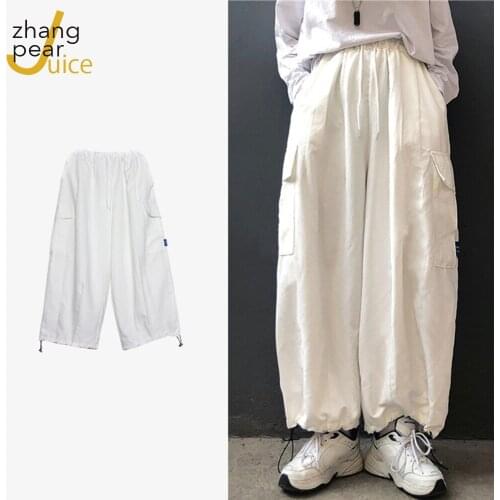 Ins Japanese Men Women Retro Patch Pockets Loose Wide-Leg Pants Trousers Drawstring Casual Pants Men And Women Tide