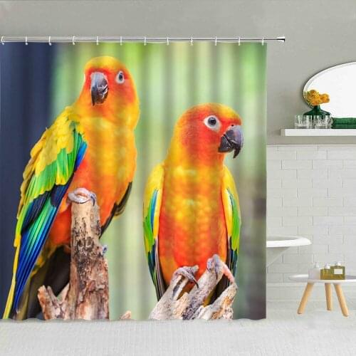 Colorful Parrot Shower Curtain Tropical Bird Green Leaves Fashion Bathroom Decor Accessories Waterproof Cloth Hooks Curtains Set