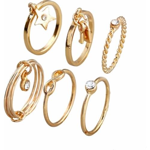 Fatpig 6pcs/Set Bohemian Antique Gold Color Finger Rings for Women Vintage Bohemian Ring Set Fashion Jewelry Party Rings Gift