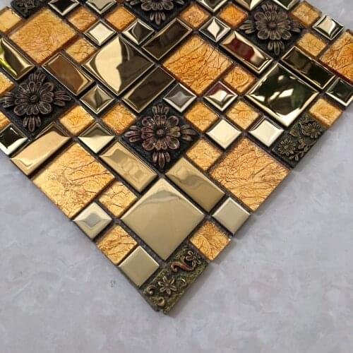 Retro Resin Flower mixed Gold Crystal Glass Mosaic Tiles, European Style Fireplace Living Room Bathroom Wall Background