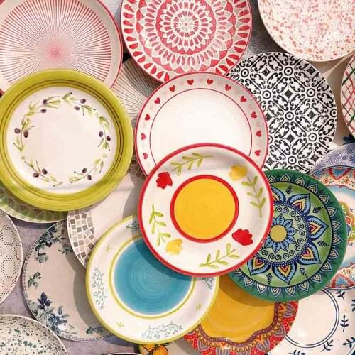 Nordic Hand-painted Ceramic Plate Steak Salad Fruit Cake Sushi Dessert Round Plates Porcelain Dinner Sets Party Trays Decorative