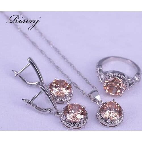 Round Simple Design 925 Sterling Silver Jewelry Set For Women Drop Earrings Ring Necklace Set Costume Bridal Jewelry Set