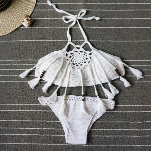 Wholesale Knitted hollow split bikini Tassel Swimwear Sexy Lady Beach bikini swimsuit