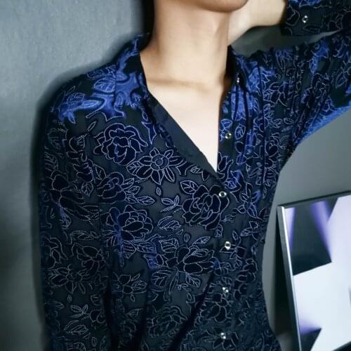 Floral Print Shirt Men Transparent Shirt See Through Mesh Shirt 2021 New Sexy Lace Shirt For Male Club Party Prom Chemise Homme