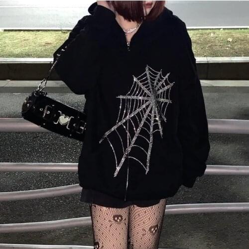 Rhinestone Letters Hot Rhinestone Hoodie Gothic Spider Web Zipper Sweater Couple Punk Oversized Clothing Sweater Men and Women