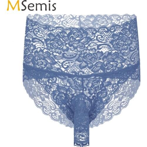Mens Sissy See-Through Lace Briefs Open Bulge Pouch High Waist Thong Underwear Underpants Nightwear Sleepwear