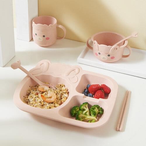 Cute Dinosaur Rabbit Baby Tableware Set Dishes Plate Bowl Spoon Fork Cup Solid Food Self Feeding for Kids Children Creative Gift