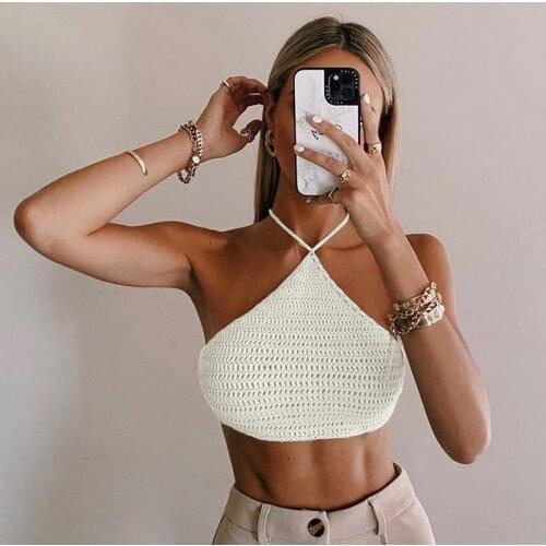 QICIUS Sleeveless Sexy Halter Top Backless Cropped Crochet Tops for Women Vacation Bandage Tank Vest Beach Holiday 2021 C025