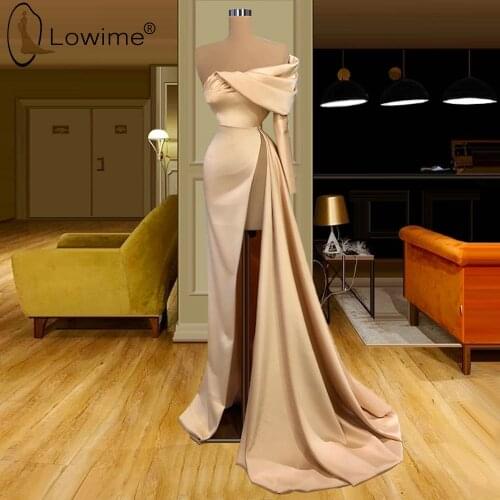 Simple Long Evening Dresses 2020 One Shoulder Single Full Sleeve High Split Satin Evening Gowns Prom Party Dress