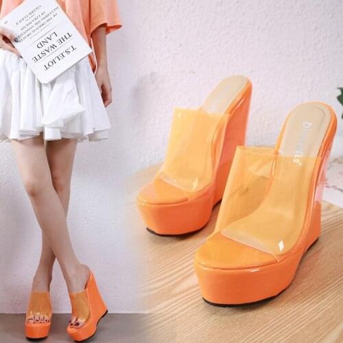 Womens shoes summer PVC Slip On Wedges 15cm Round Toe fluorescent color simple high-heeled wedge sandals and slippers