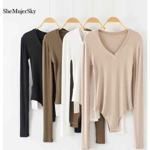 SheMujerSky Slim Long Sleeve Bodysuits Autumn Solid White Skinny Bodysuit V-neck Short Jumpsuits