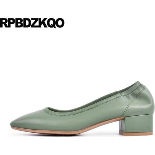 Retro Block Thick 2021 Low Heels Size 4 34 Chunky Square Toe Pumps Vintage 33 European Women Genuine Leather Green High Shoes