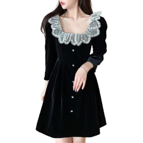 PERHAPS U Elegant Sweet Party Velvet Lace Splieced Square Collar Puff Sleeve Single Breasted Pullover A-Line Short Dress D3062