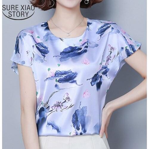 2021 Summer New Simple Korean Loose Plus Size 4XL Blouse Women Short Sleeve Round Neck Printed Silk Tops Chemisier Femme 9373 50