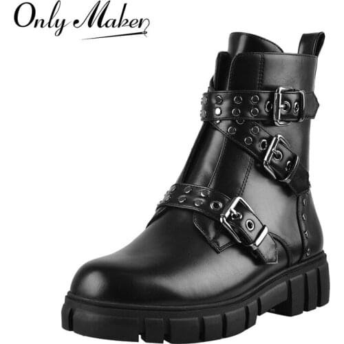 Onlymaker Womens Round Toe Ankle Boots Matte Black Rivet Buckles Decoration Flat Booties Zipper Concise Comfortable Large Size