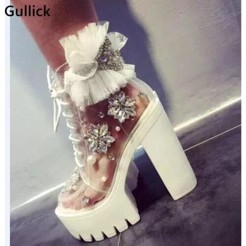 Handmade Crystal Pearl Beading Pumps For 2018 Woman Sweet Lace Flower Platform High Chunky Heels Pumps Wedding Dress Shoes