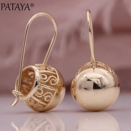PATAYA New Hollow Spherical Long Earrings Women Glossy Dangle Earrings 585 Rose Gold Wedding Unique Fine Trendy Fashion Jewelry