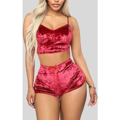 Women 2 piece set Velvet Sleepwear Sexy Spaghetti Strap Shorts Pajamas Suit Ladies Casual Sleepwear Female Pajama Party Set